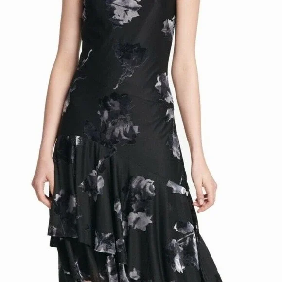DKNY Black Asymmetrical Floral Print Party‎ Dress - Picture 3 of 6